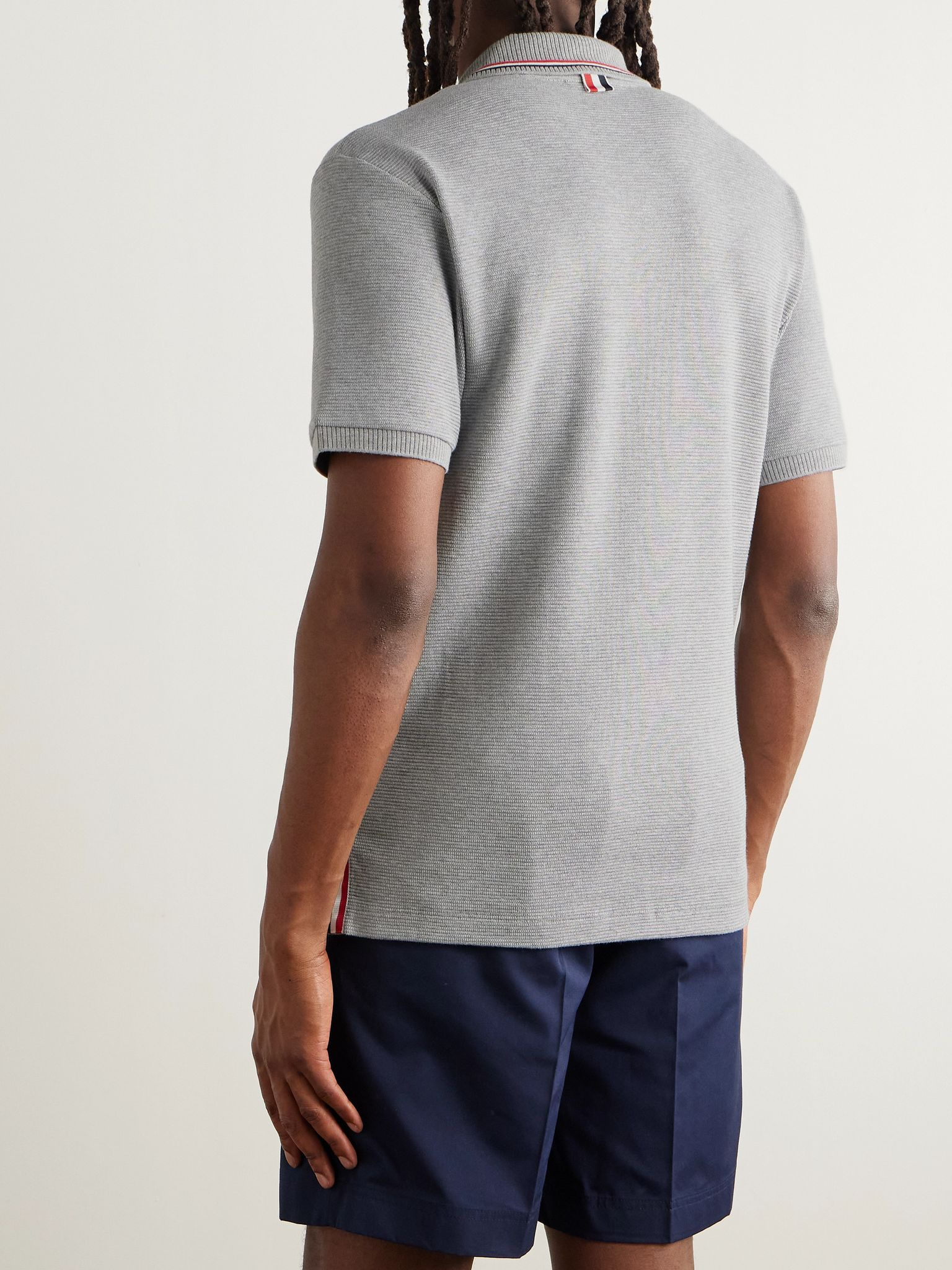 Logo-Appliquéd Striped Waffle-Knit Cotton Polo Shirt Gray - 3