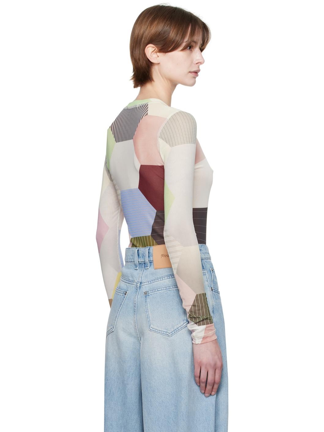 Multicolor Patchwork Print Sheer Long Sleeve T-shirt - 3