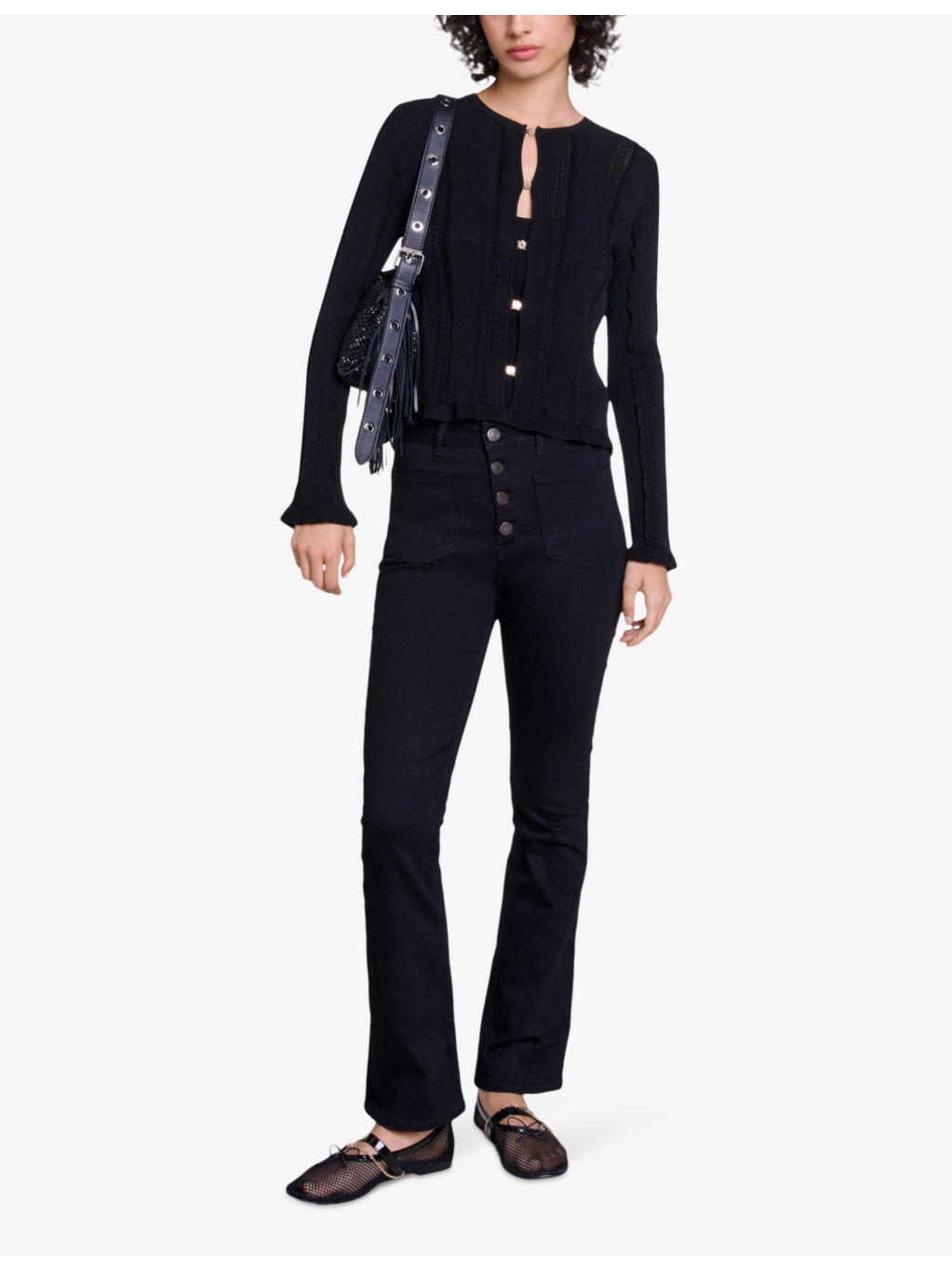 Open-work long-sleeve stretch-knit cardigan - 2