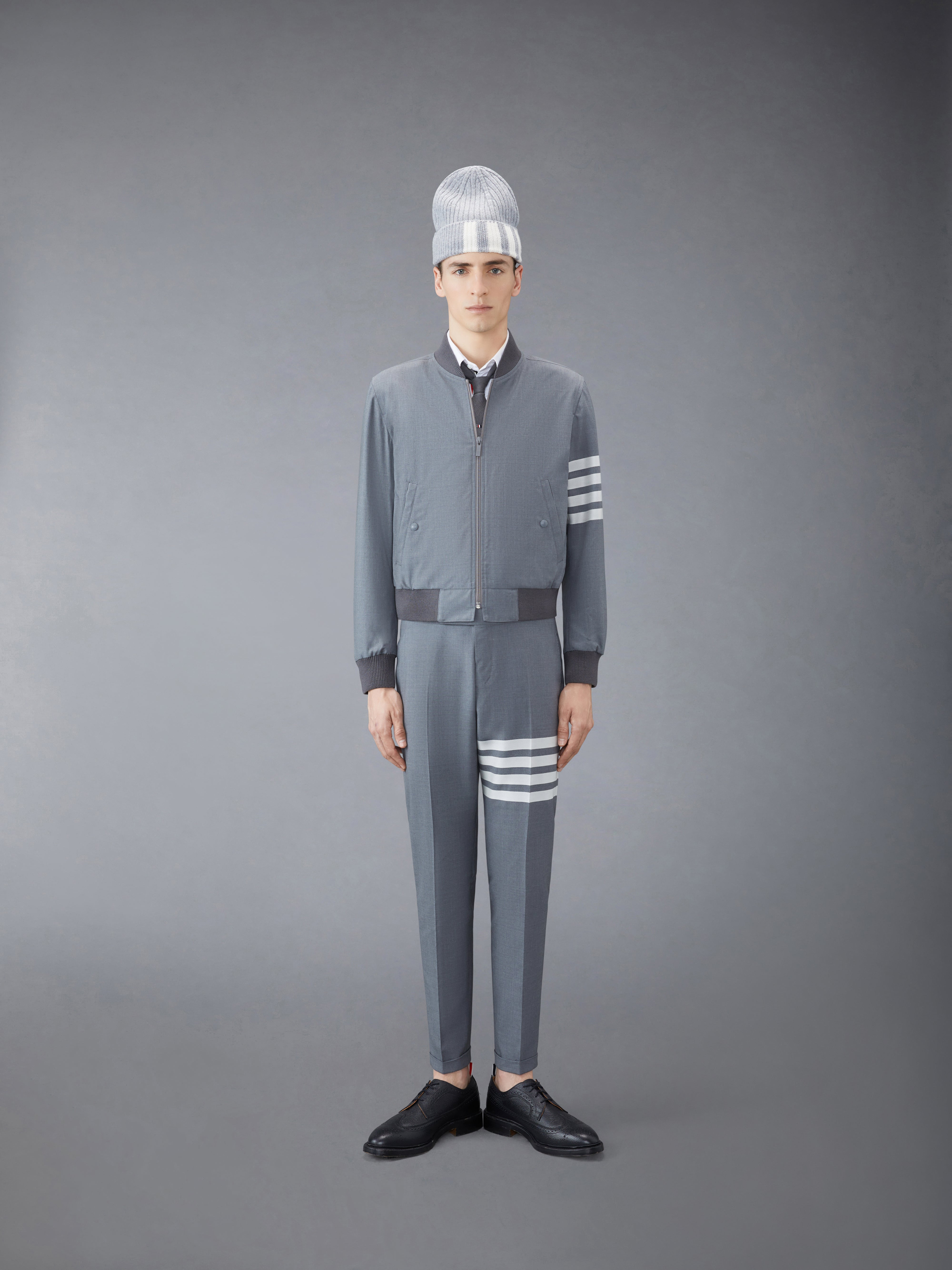 Medium Grey Plain Weave Suiting 4-Bar Knit Rib Blouson Jacket - 3
