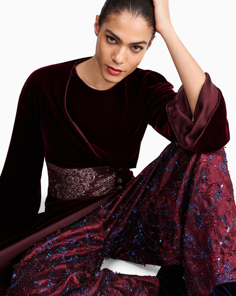 VELVET WRAP EVENING DRESS WITH FLORAL EMBROIDERY 8