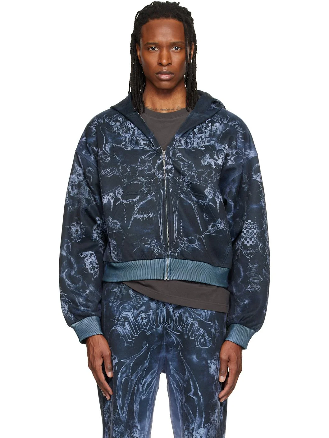 Gray Tattoo Printed Zip-Up Hoodie - 1