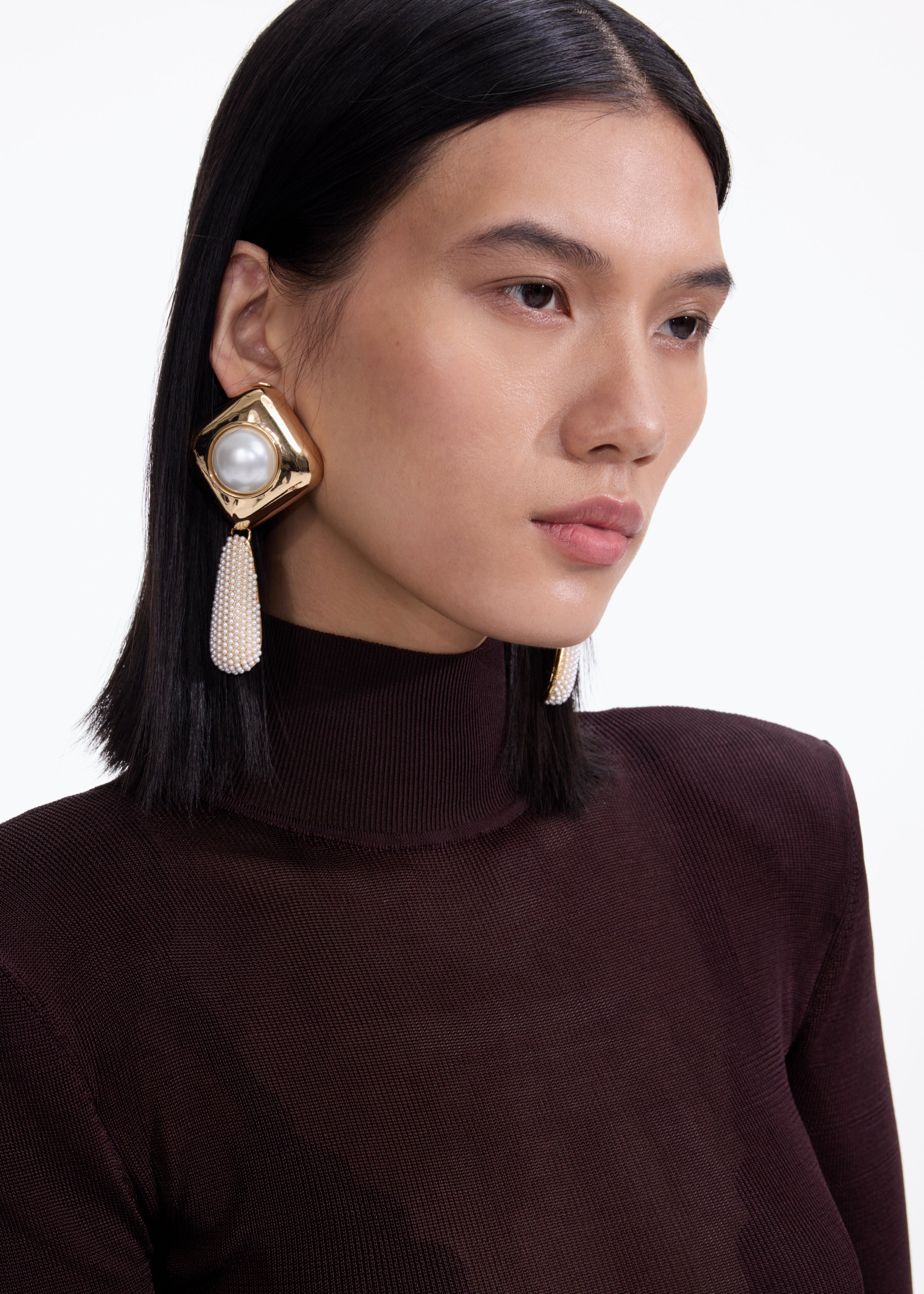 Gold Pearl Crystal Bar Earrings - 3