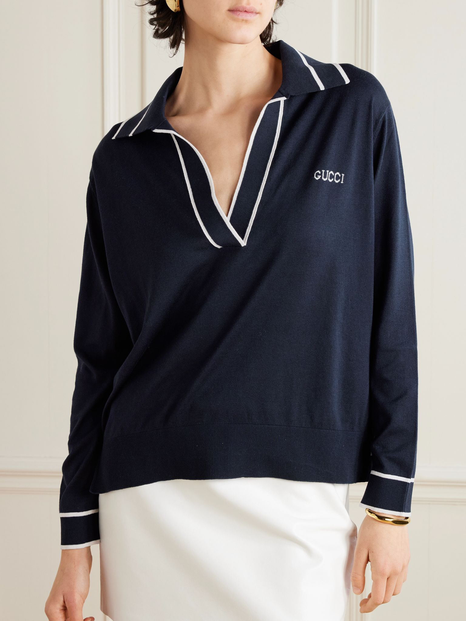Striped intarsia-knit silk and cotton-blend sweater Navy - 3