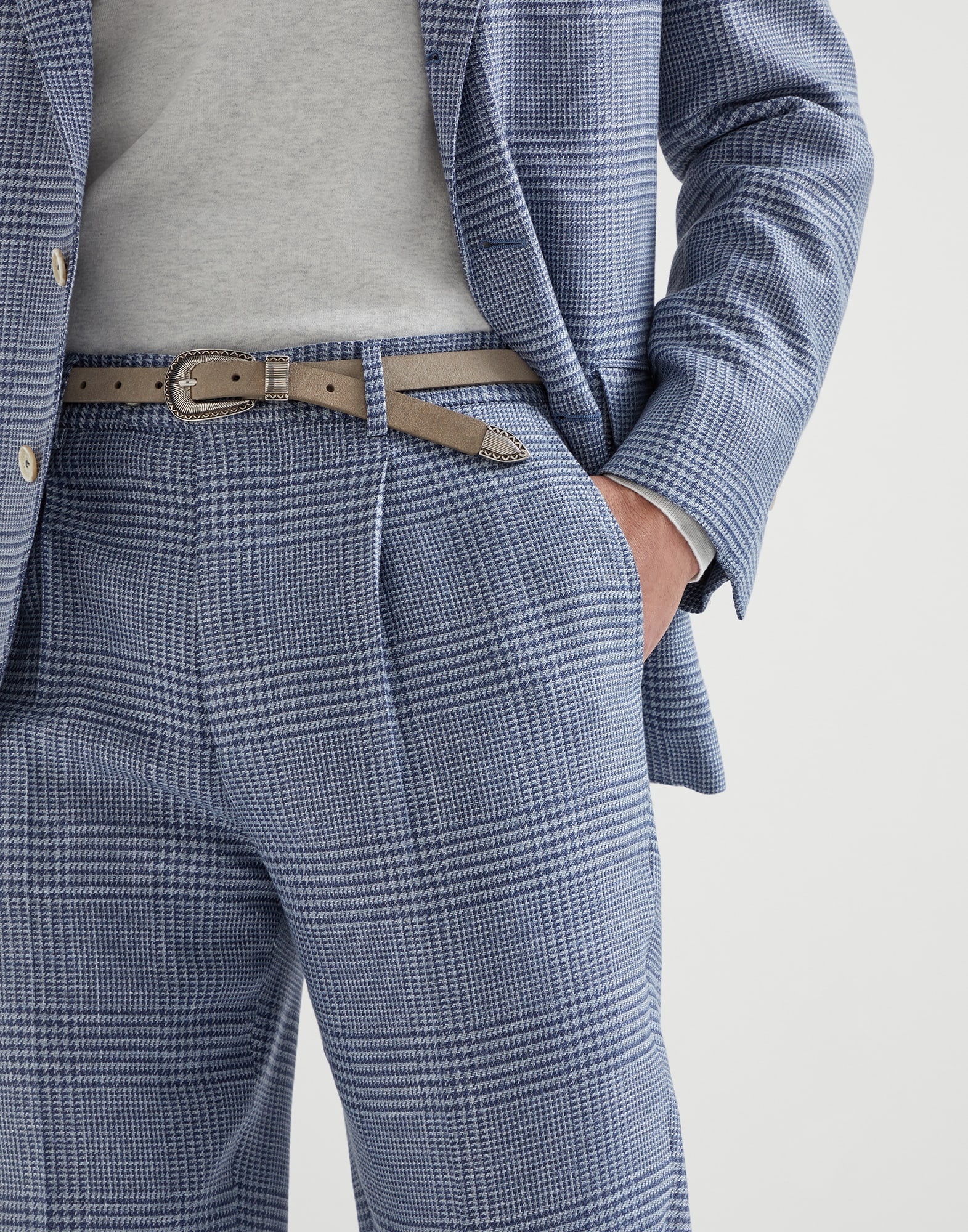 Comfort wool, silk and linen Prince of Wales leisure fit trousers with pleat - 3