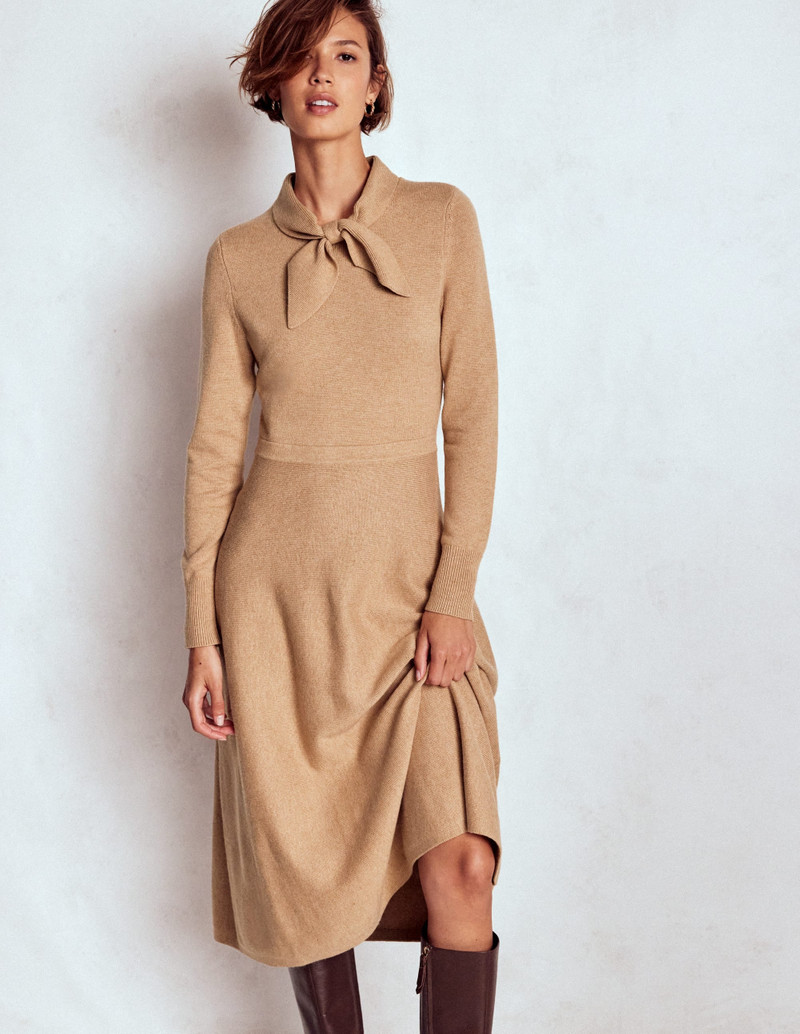 Knitted Bow Dress-Camel Melange 6