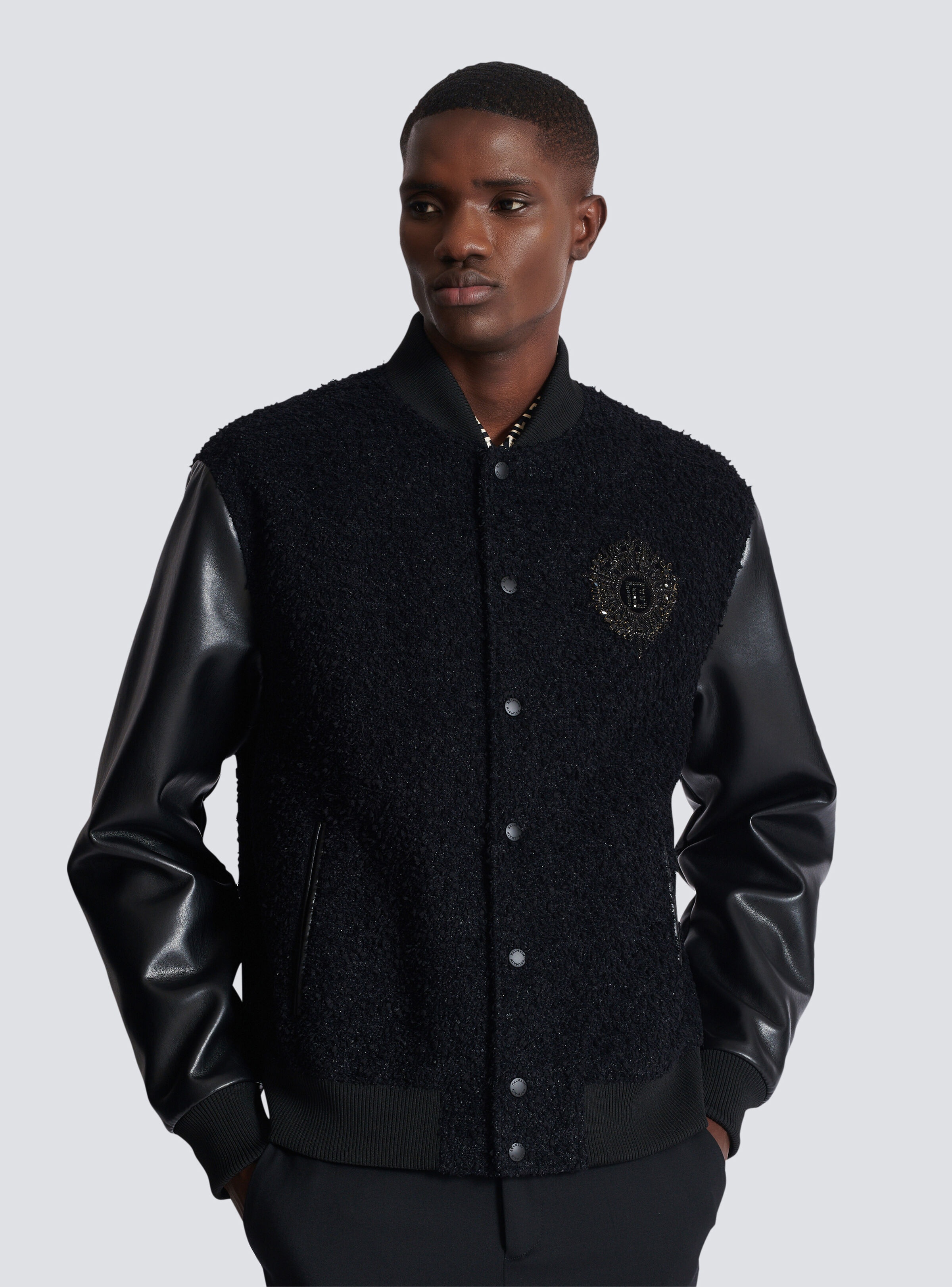 Varsity tweed and faux leather jacket - 6