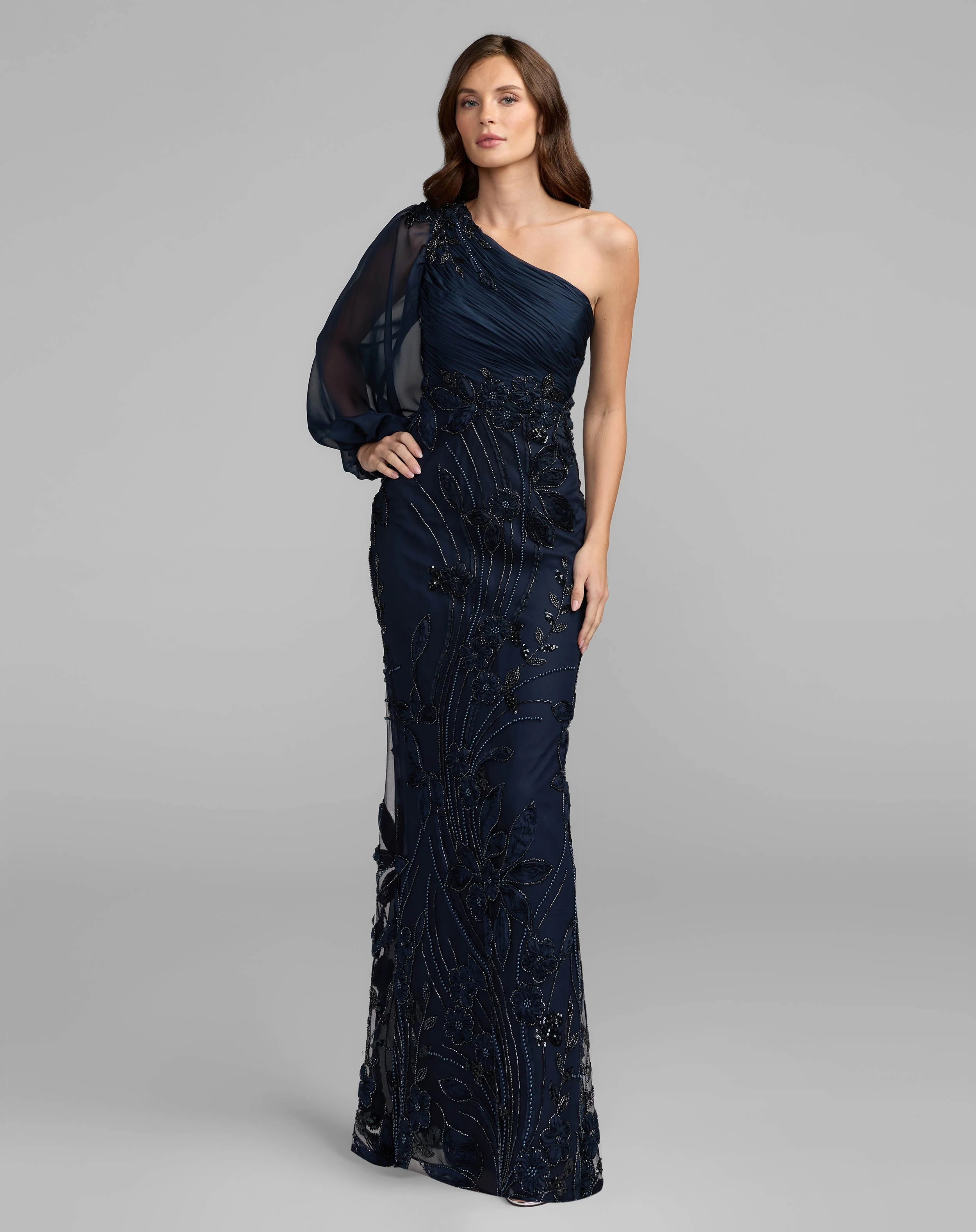 Navy One Sleeve Chiffon Embellished Gown - 1