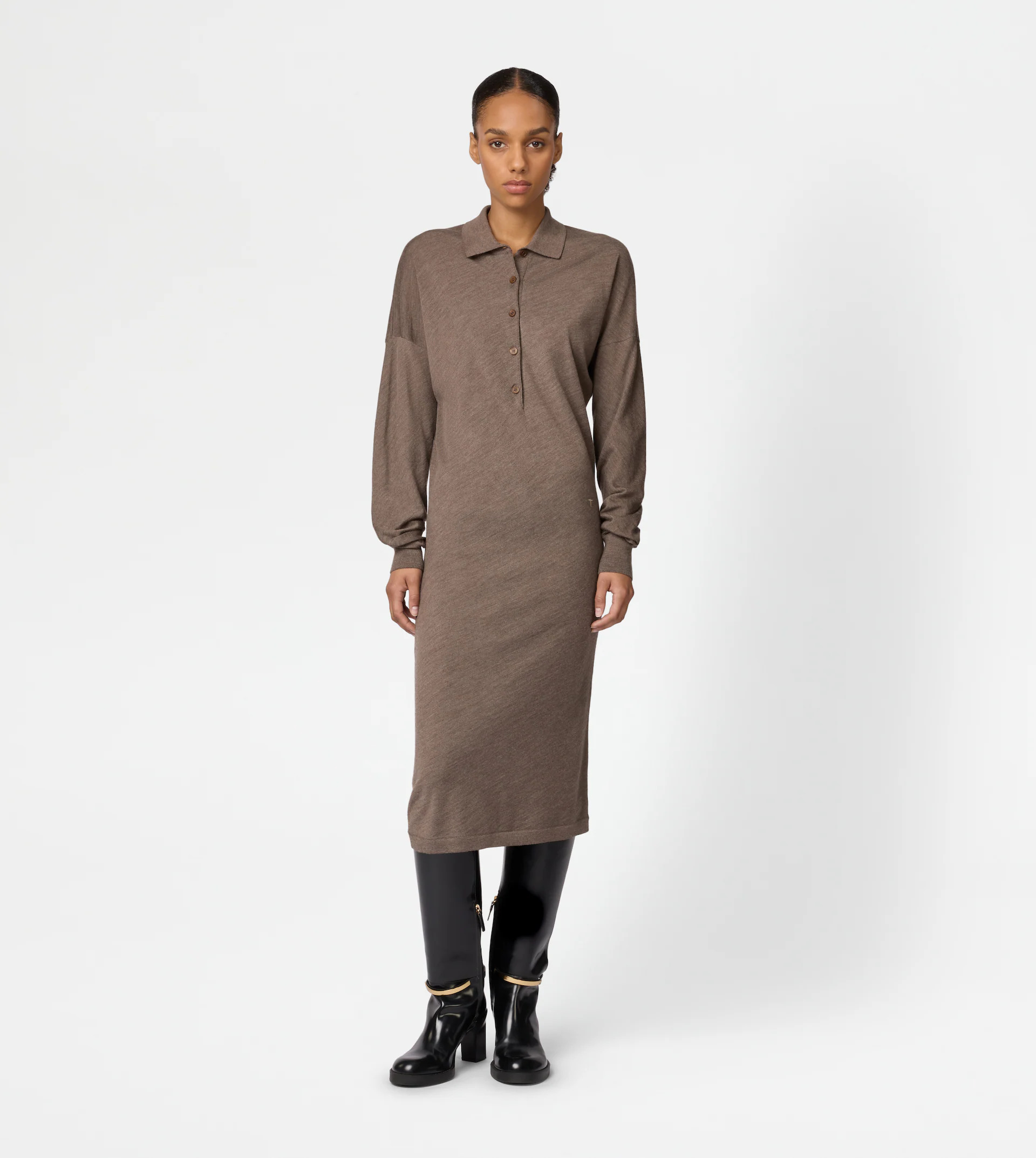 DRESS IN SILK BLEND KNIT - BROWN - 2