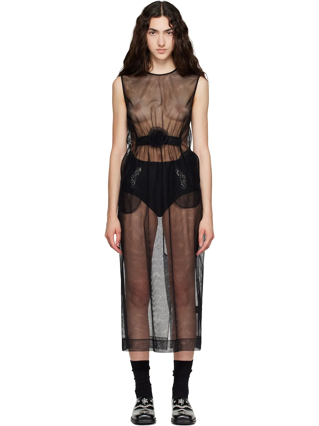 Black Gathered Rose Contour Midi Dress - 1