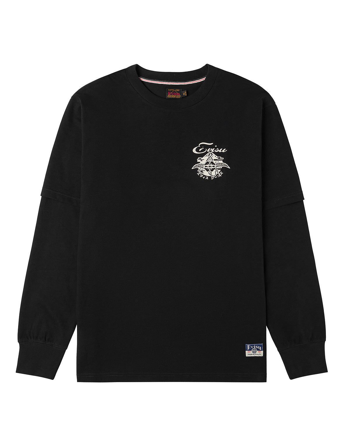 Sashiko-style Kamon Print Fashion Fit 2-in-1 Design Long-sleeve T-shirt - 2