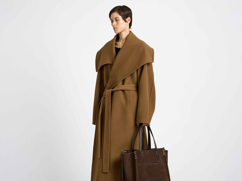 WOMENS LONGLINE WRAP FRONT COAT IN CUMIN 8