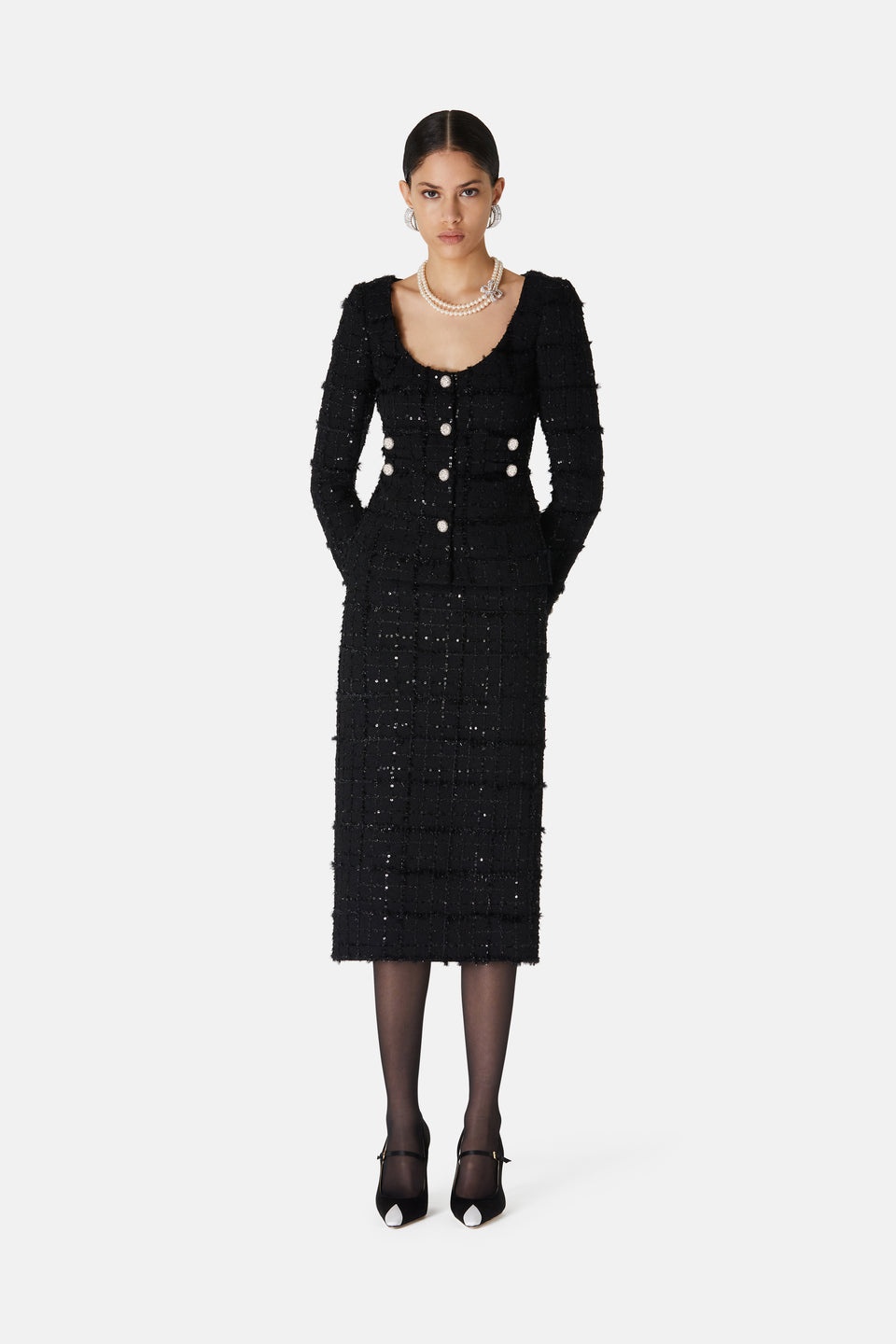 SEQUIN CHECKED TWEED ROUND NECK JACKET - 4