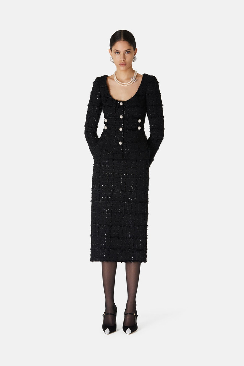 SEQUIN CHECKED TWEED ROUND NECK JACKET 4