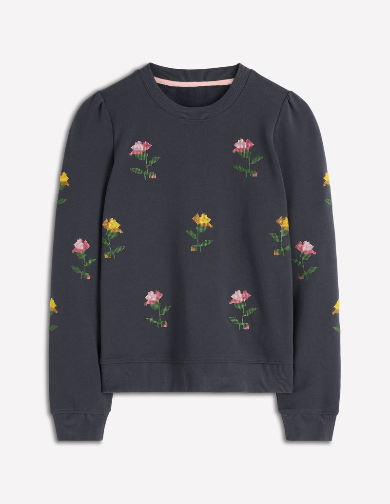 Puff Sleeve Embroidered Sweat-Cross Stitch Flower Embroidery 1