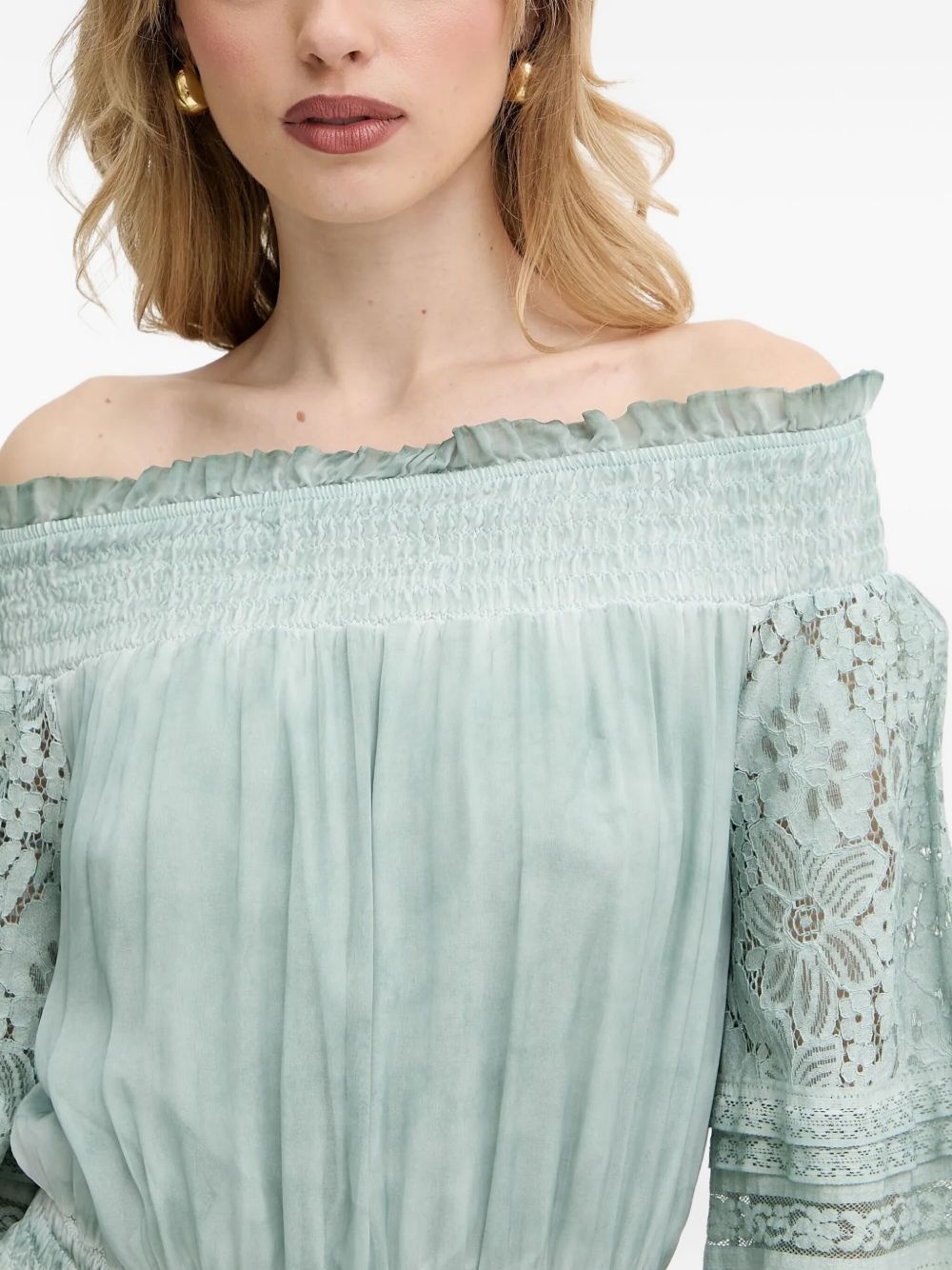 lace-trimmed smocked blouse - 4