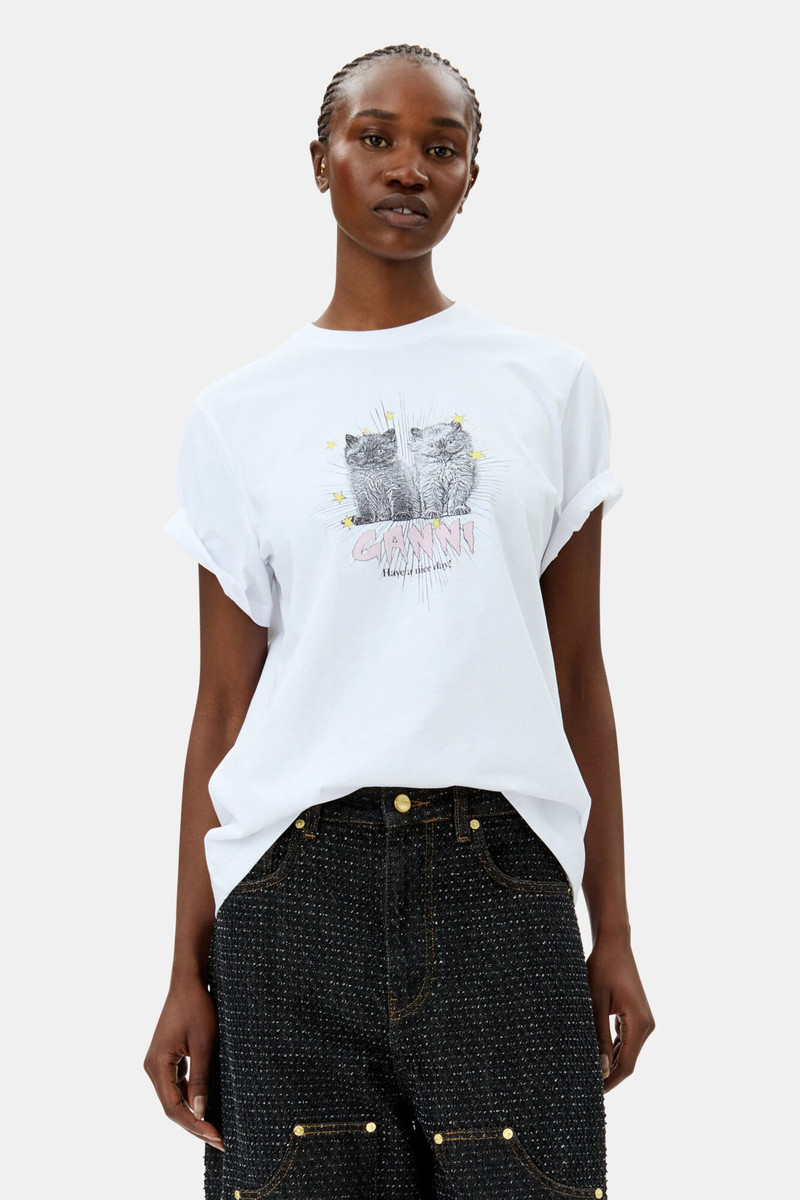 GANNI WHITE BASIC JERSEY KITTENS RELAXED T-SHIRT outlook