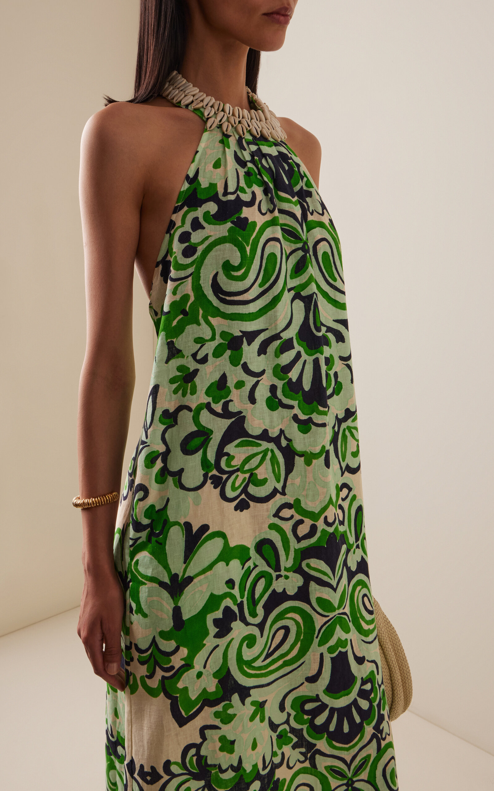 Aimee Seashell-Detailed Printed-Linen Maxi Dress green - 3