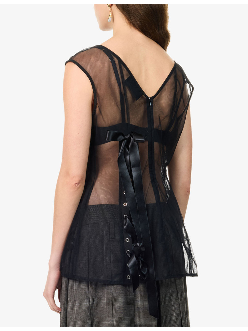 Ribbon-Embellished Semi-Sheer Mesh Top 4