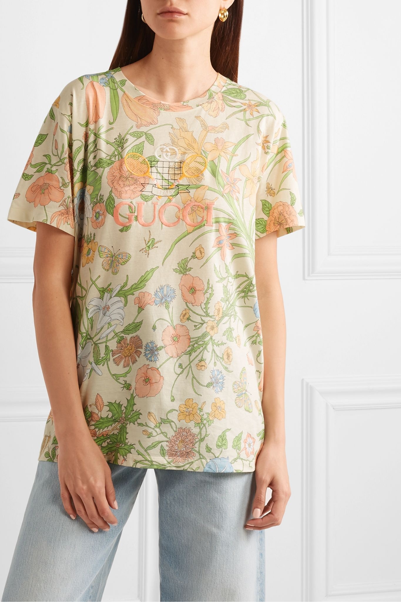 Embroidered floral-print cotton-jersey T-shirt - 3