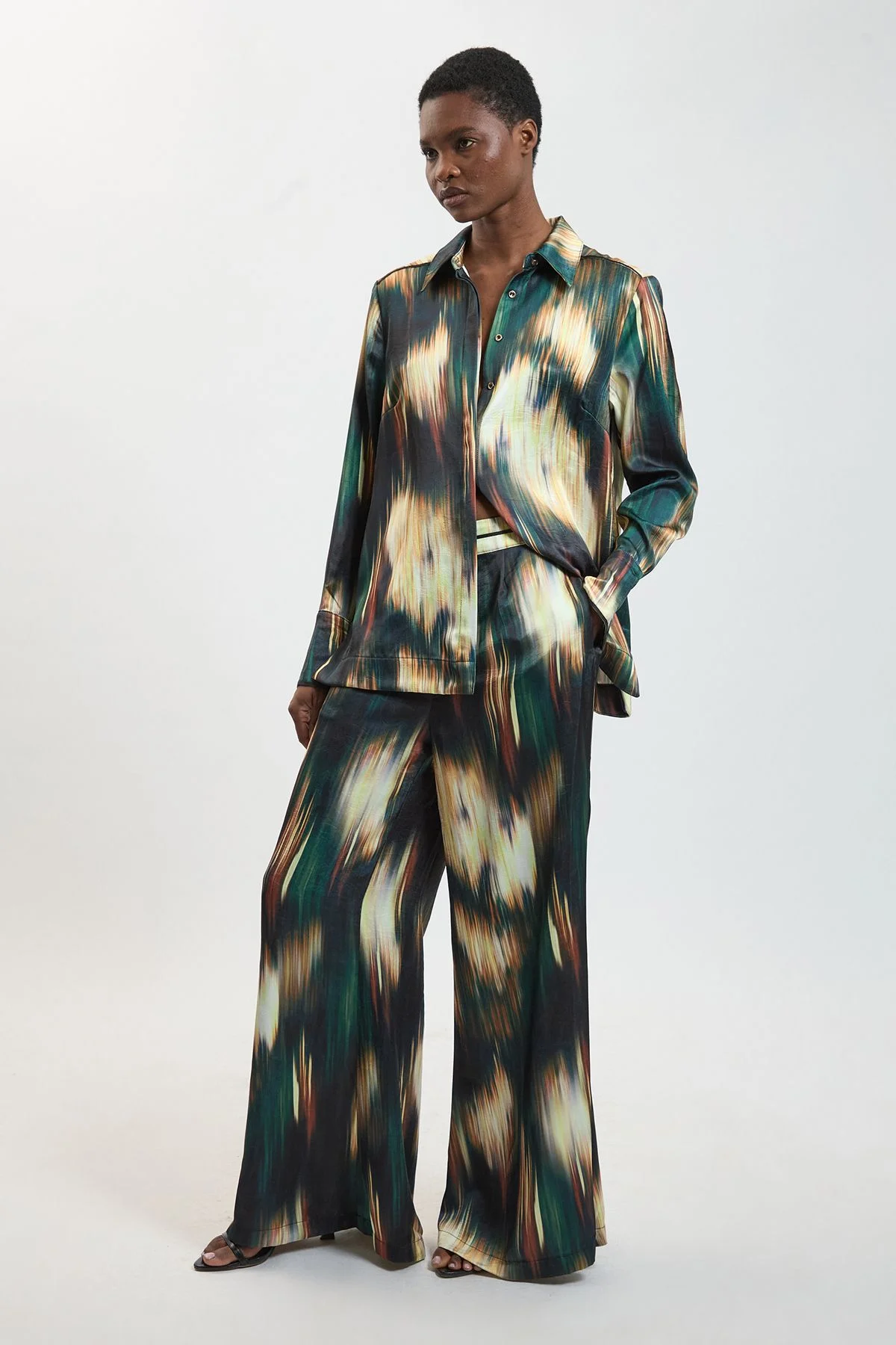 Blur Print Hammered Satin Wide Leg Woven Trouser - 1