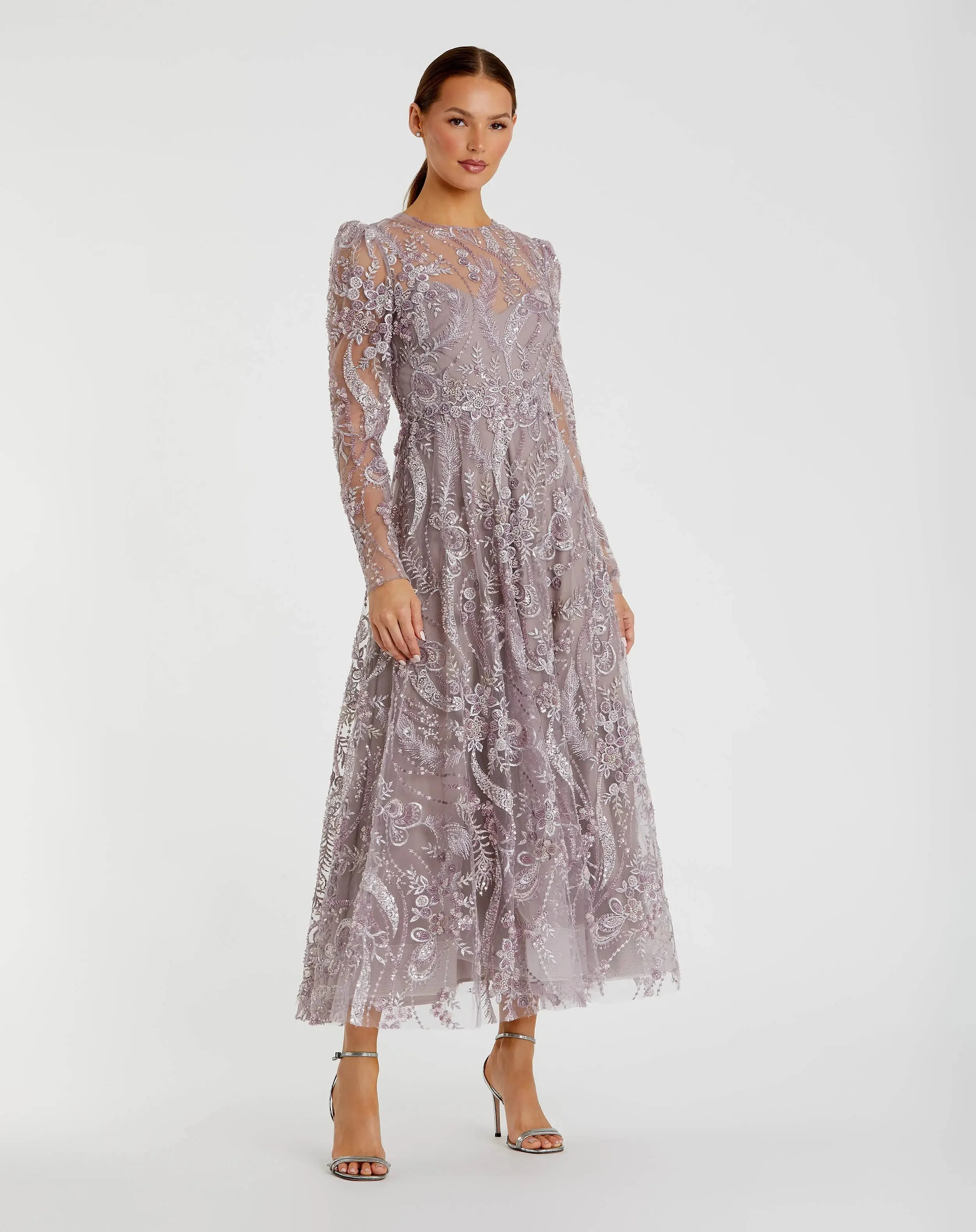 Purple Floral Embroidered High Neck Long Sleeve Dress - 1