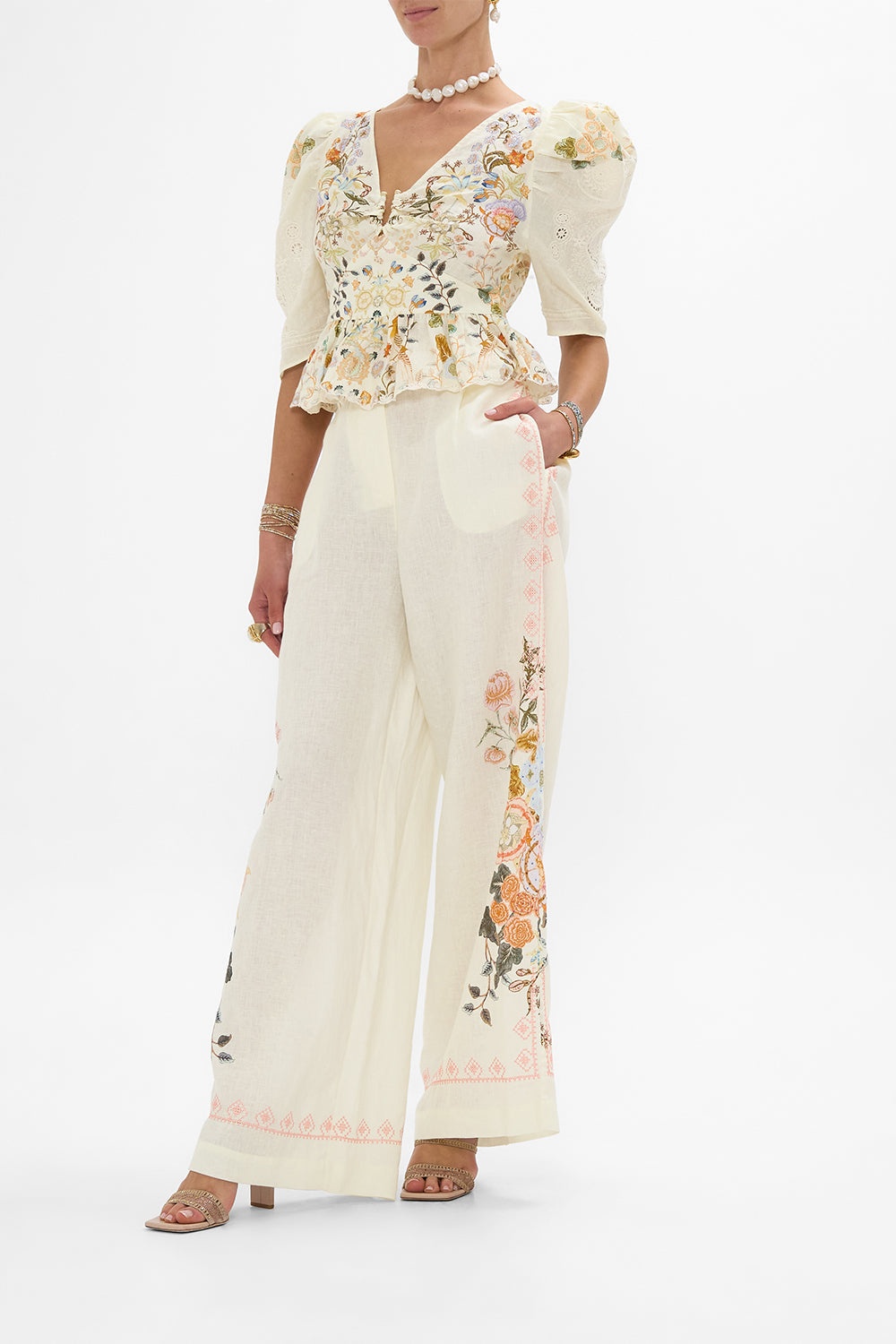 EMBROIDERED WIDE LEG WAISTED PANT - 4