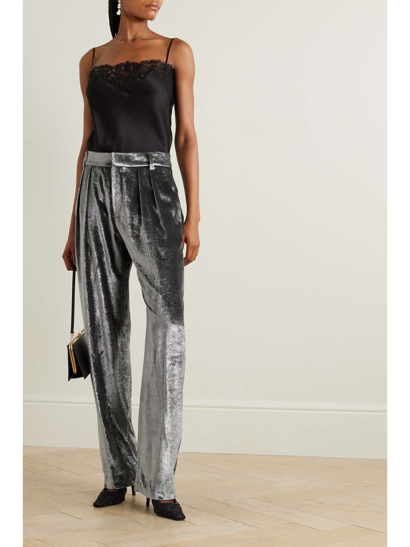 Pleated metallic velvet straight-leg pants - 2