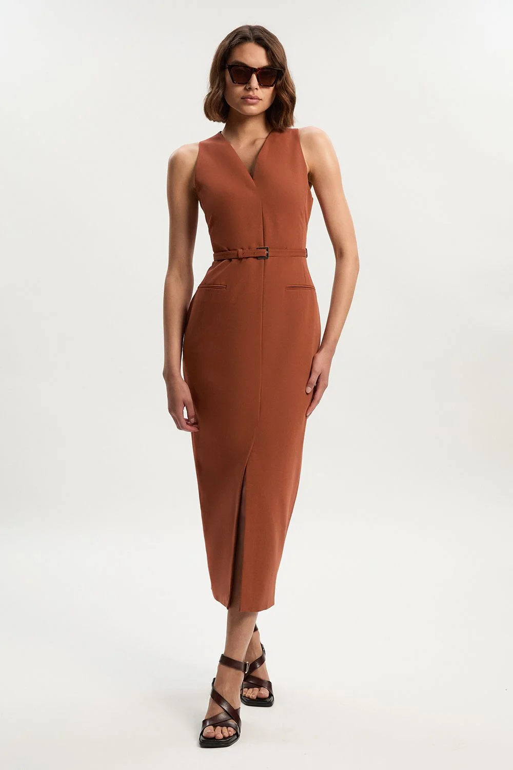 Tailored Twill Essential Sleeveless Belted Pencil Maxi Dress - 1