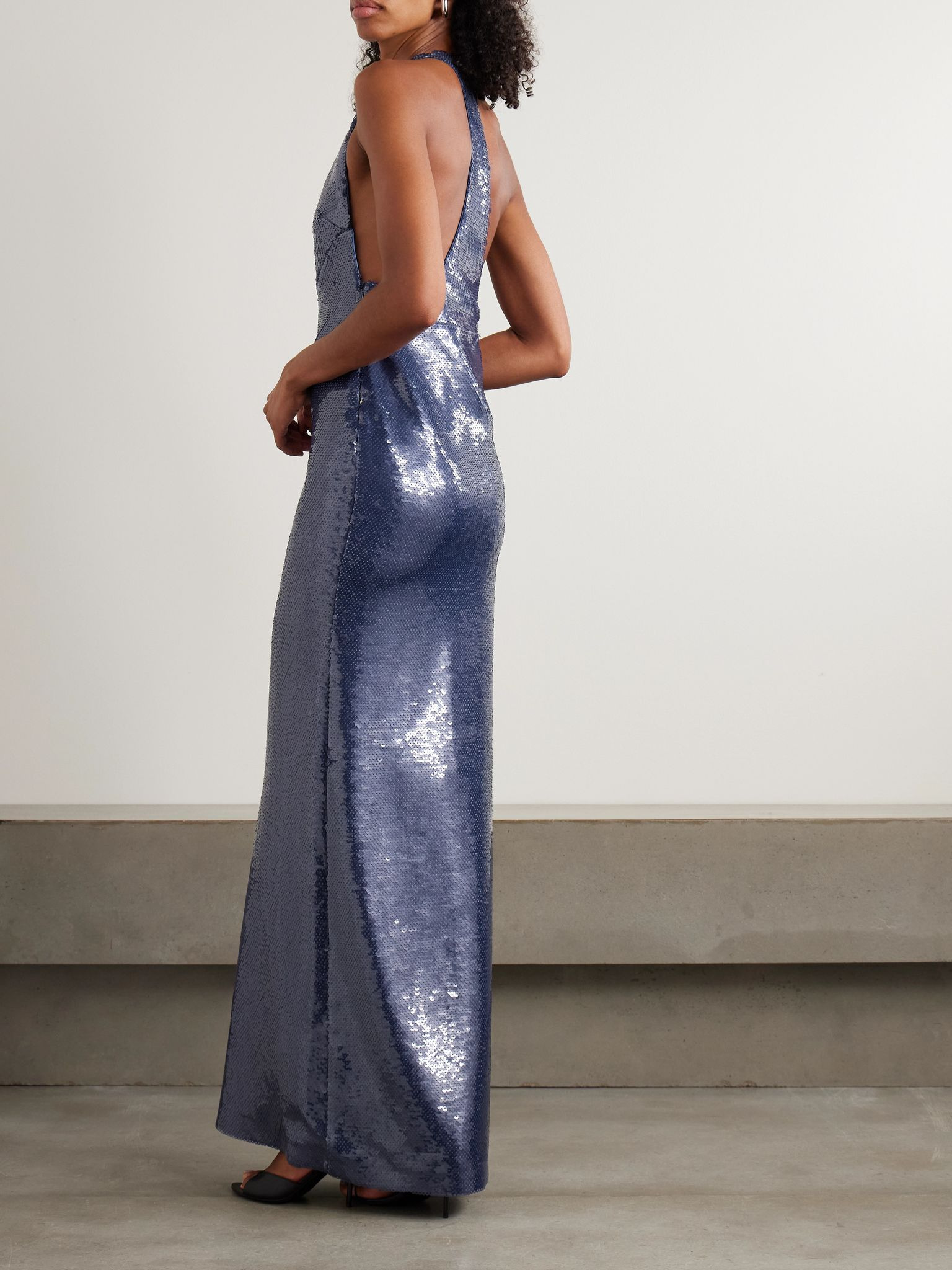 Olympia sequined jersey halterneck gown Midnight blue - 3