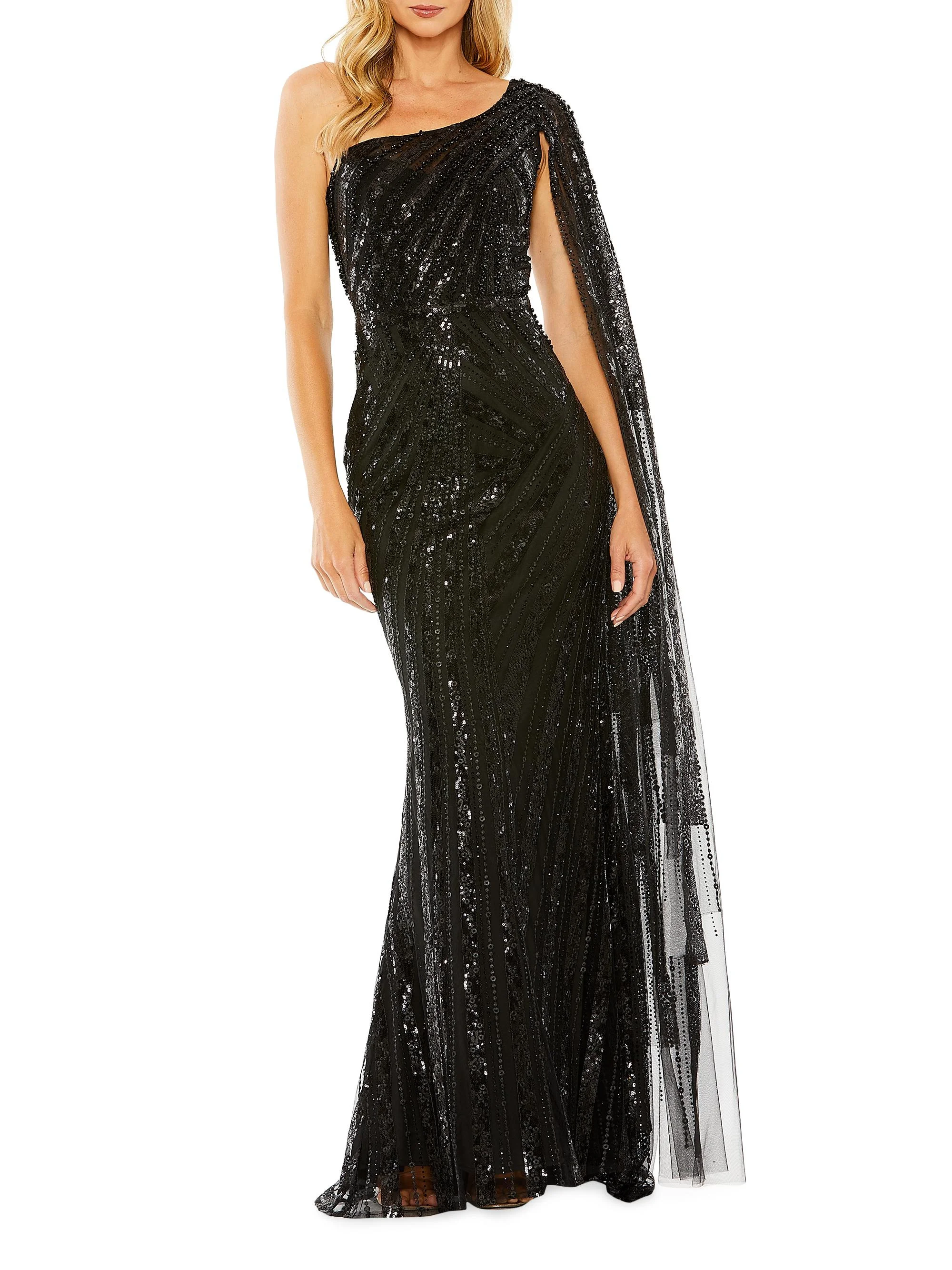 Women's Asymmetric Sequined Gown - Black - 1