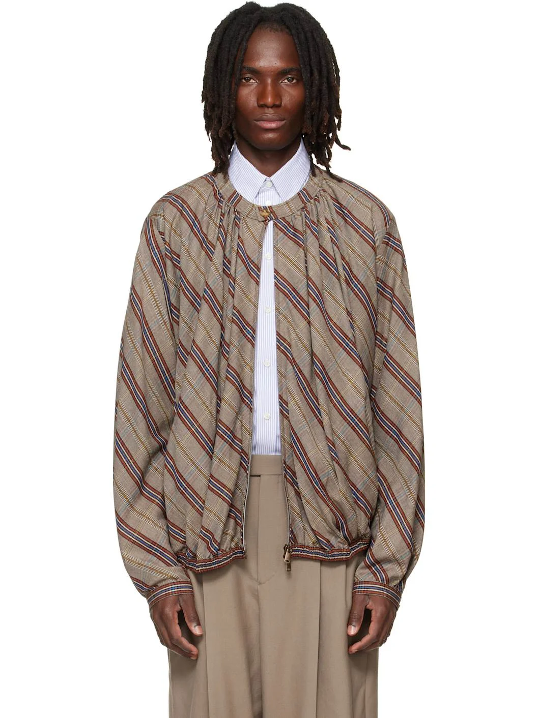 Beige Gathered Bomber Jacket - 1