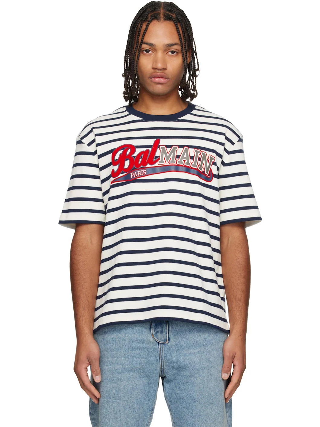 White & Navy Marinière Baseball Logo T-shirt - 1