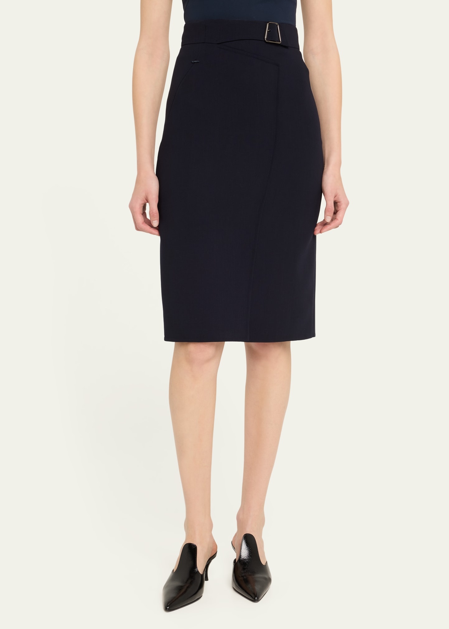 Trapezoid Buckle Wrapped Wool Pencil Skirt - 4