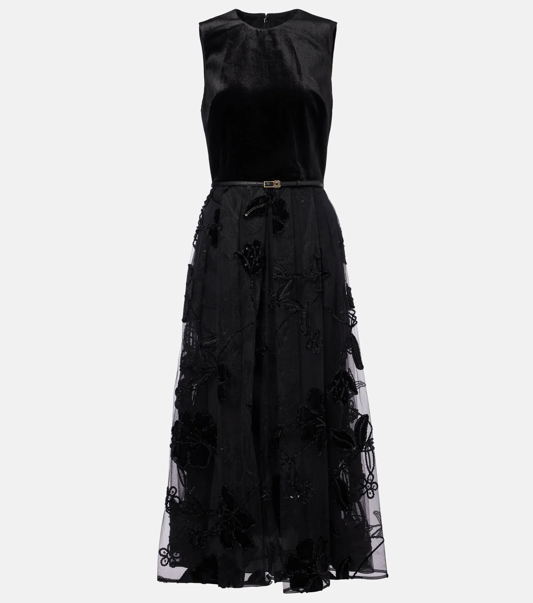 Embroidered tulle and velvet midi dress - 1