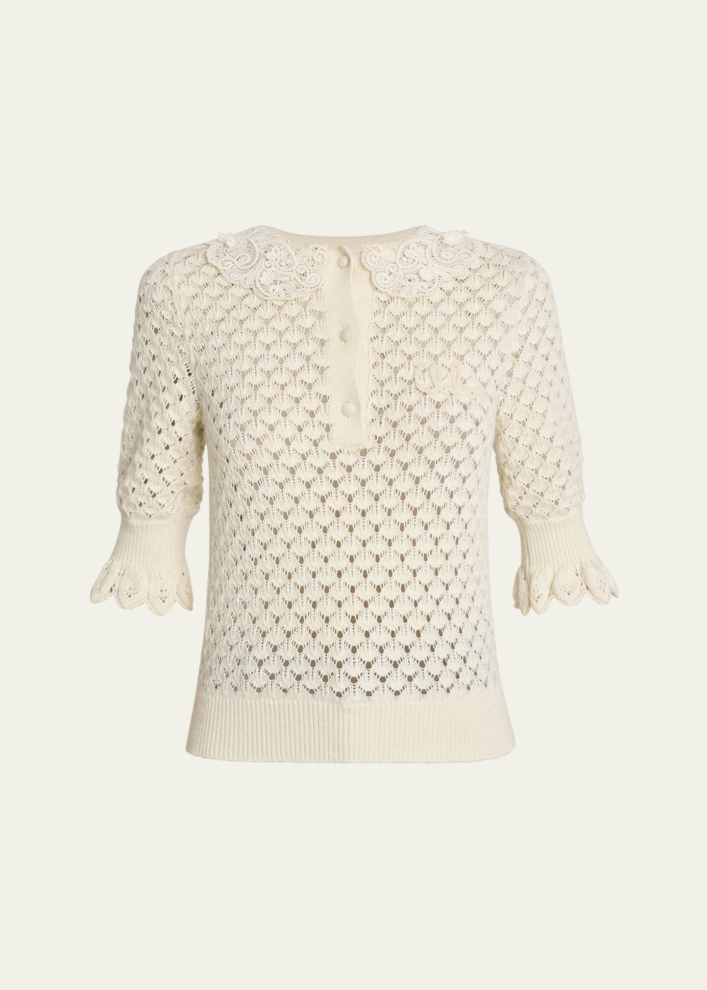 Lace-Collar Open Knit Polo Top - 1