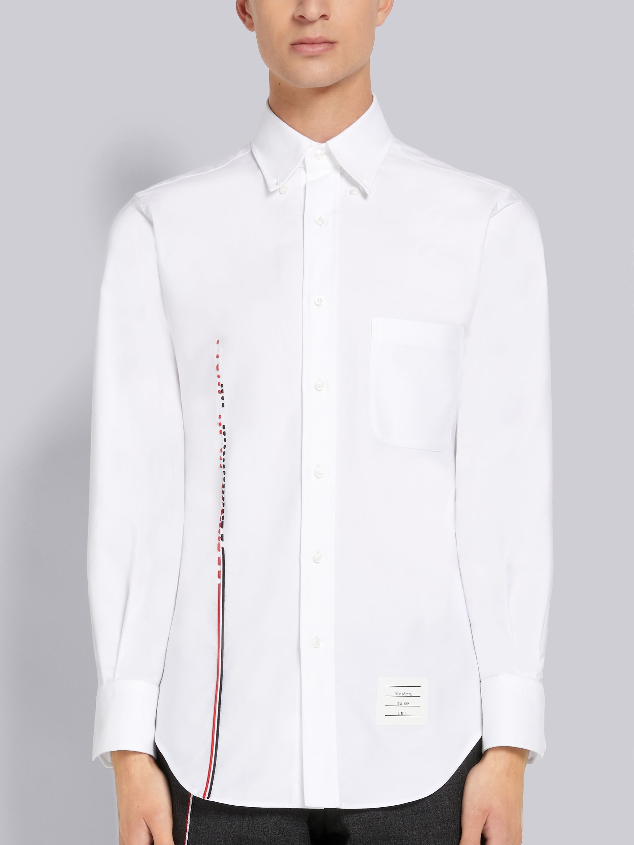 White Oxford Hairline Embroidery Long Sleeve Classic Button Down Shirt - 3