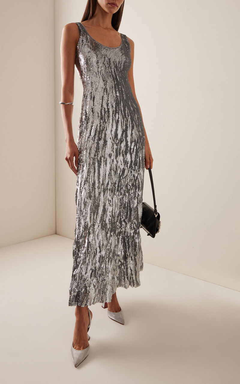 MARMAR HALIM Sequined Crinkled Silk Gown silver outlook