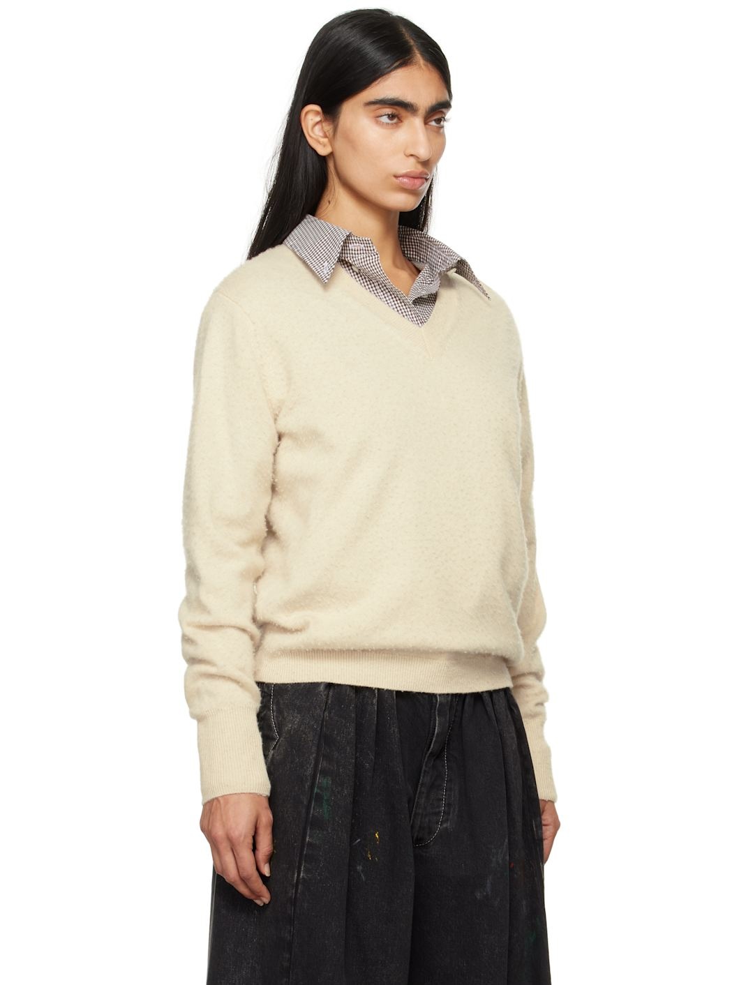 Beige Summer Cashmere V-Neck Sweater - 2