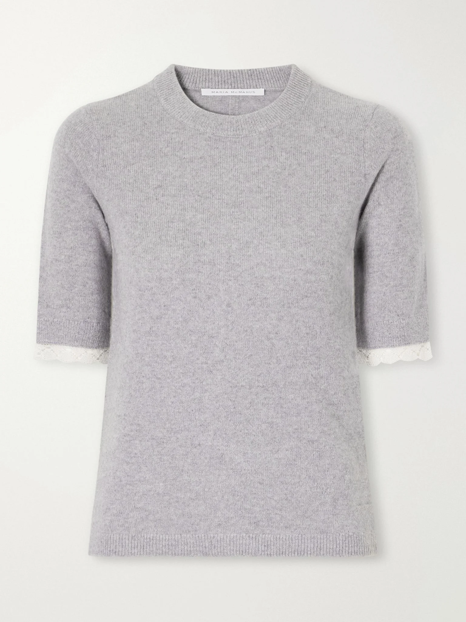 Lace-trimmed cashmere and cotton-blend T-shirt Gray - 1