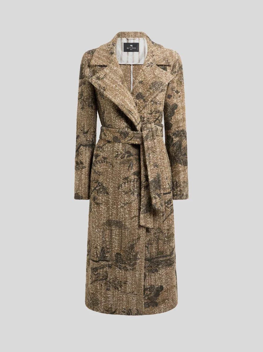 BOUCLÉ WRAP COAT WITH FLOWER AND ANIMAL MOTIF - 1