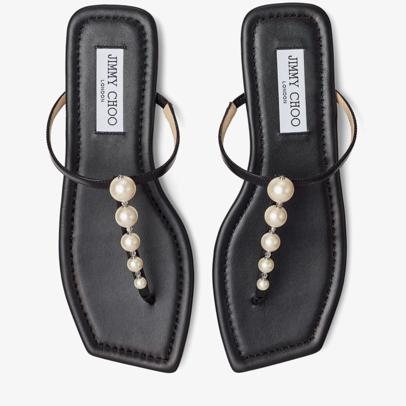 Alaina Flat Black Nappa Leather Flats with Pearl Embellishment 5