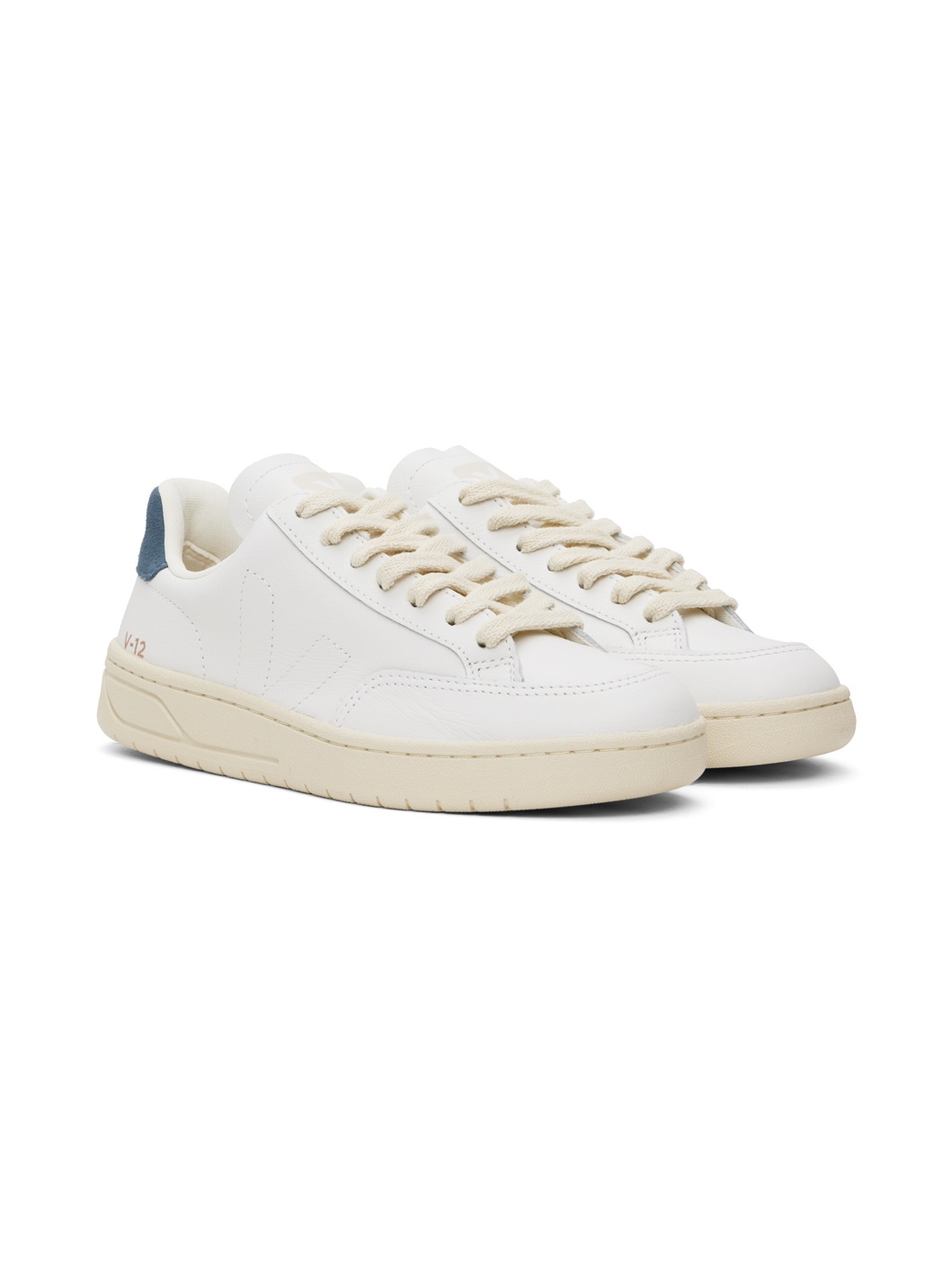 White & Navy V-12 Stitch Leather Sneakers - 4