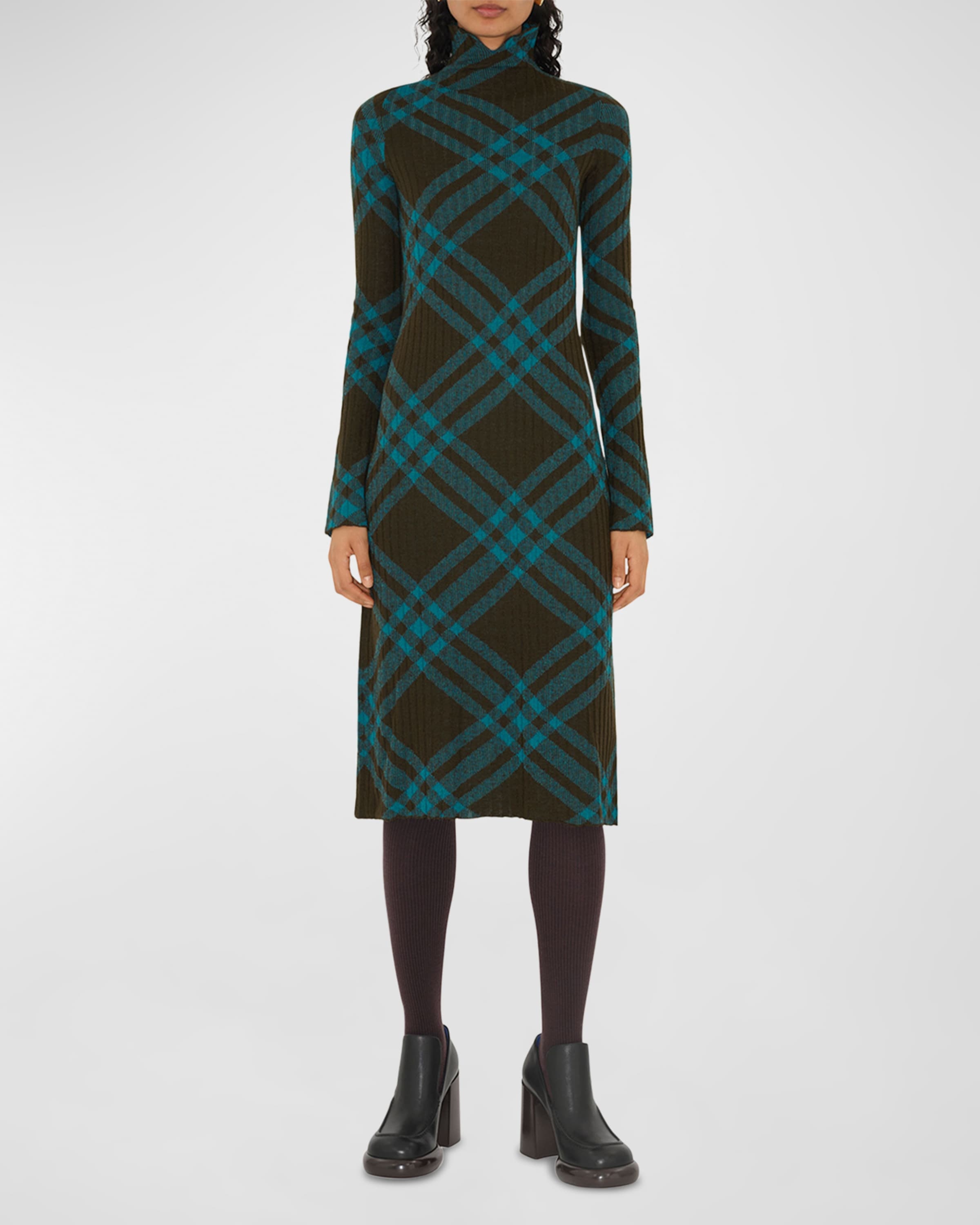 Turtleneck Check Knit Midi Sweater Dress - 2