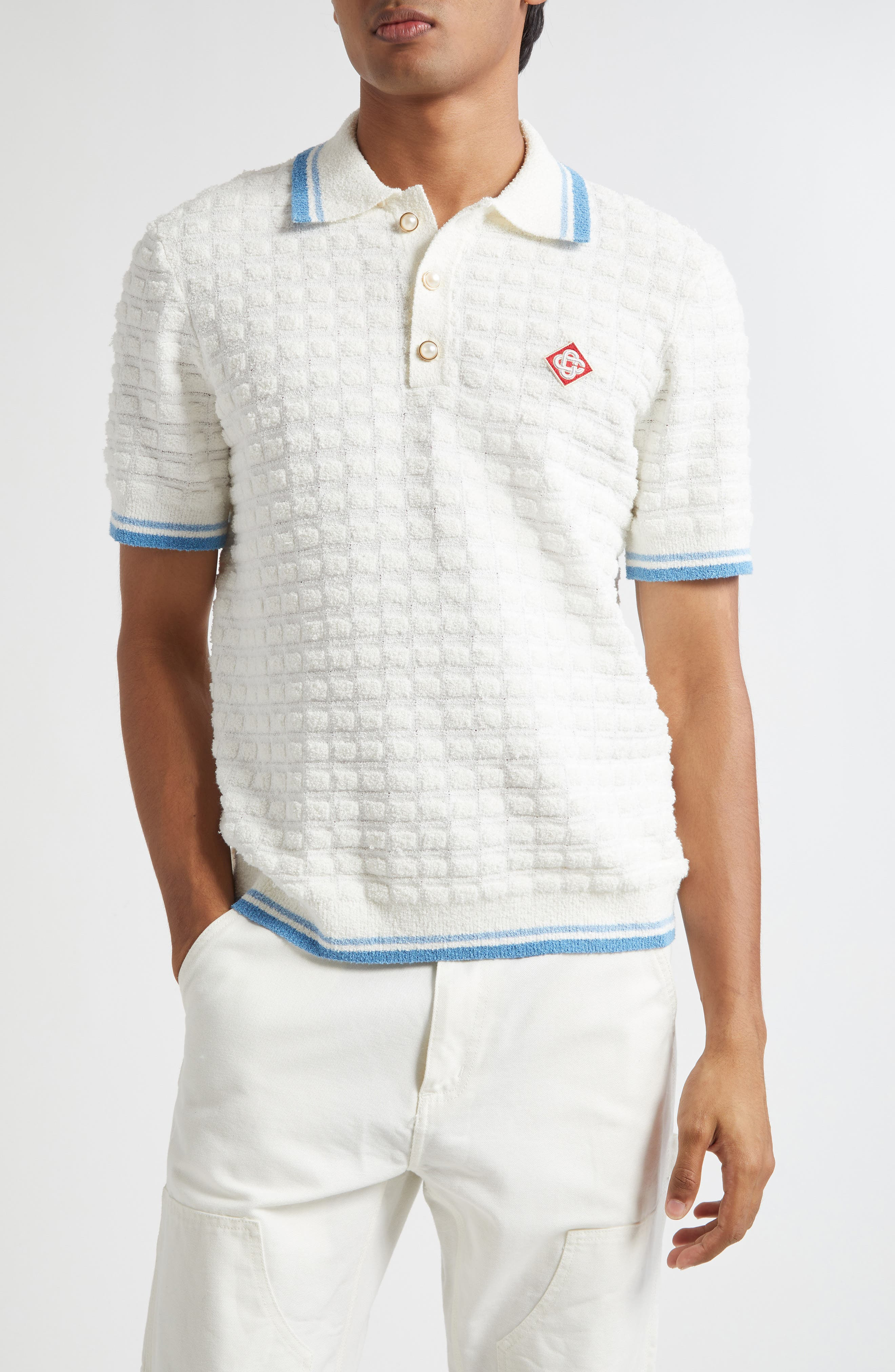 Casablanca Tipped Cotton Blend Bouclé Polo Sweater in White at Nordstrom - 1