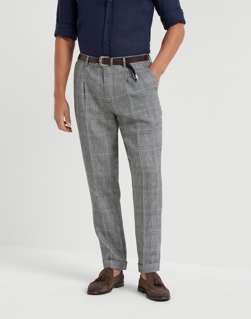 Cotton and linen Prince of Wales leisure fit trousers with pleat - 1