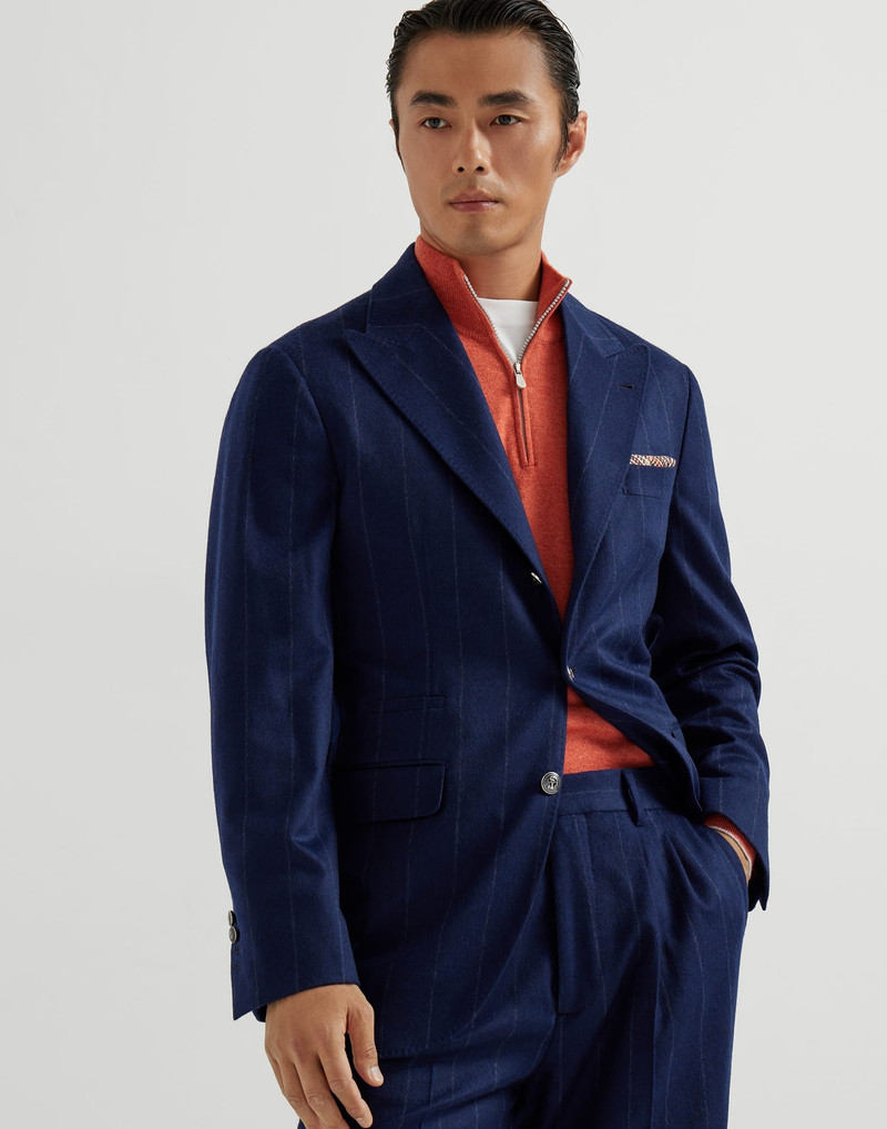 Wool and cashmere wide chalk stripe flannel deconstructed blazer with large peak lapels and metal bu 1
