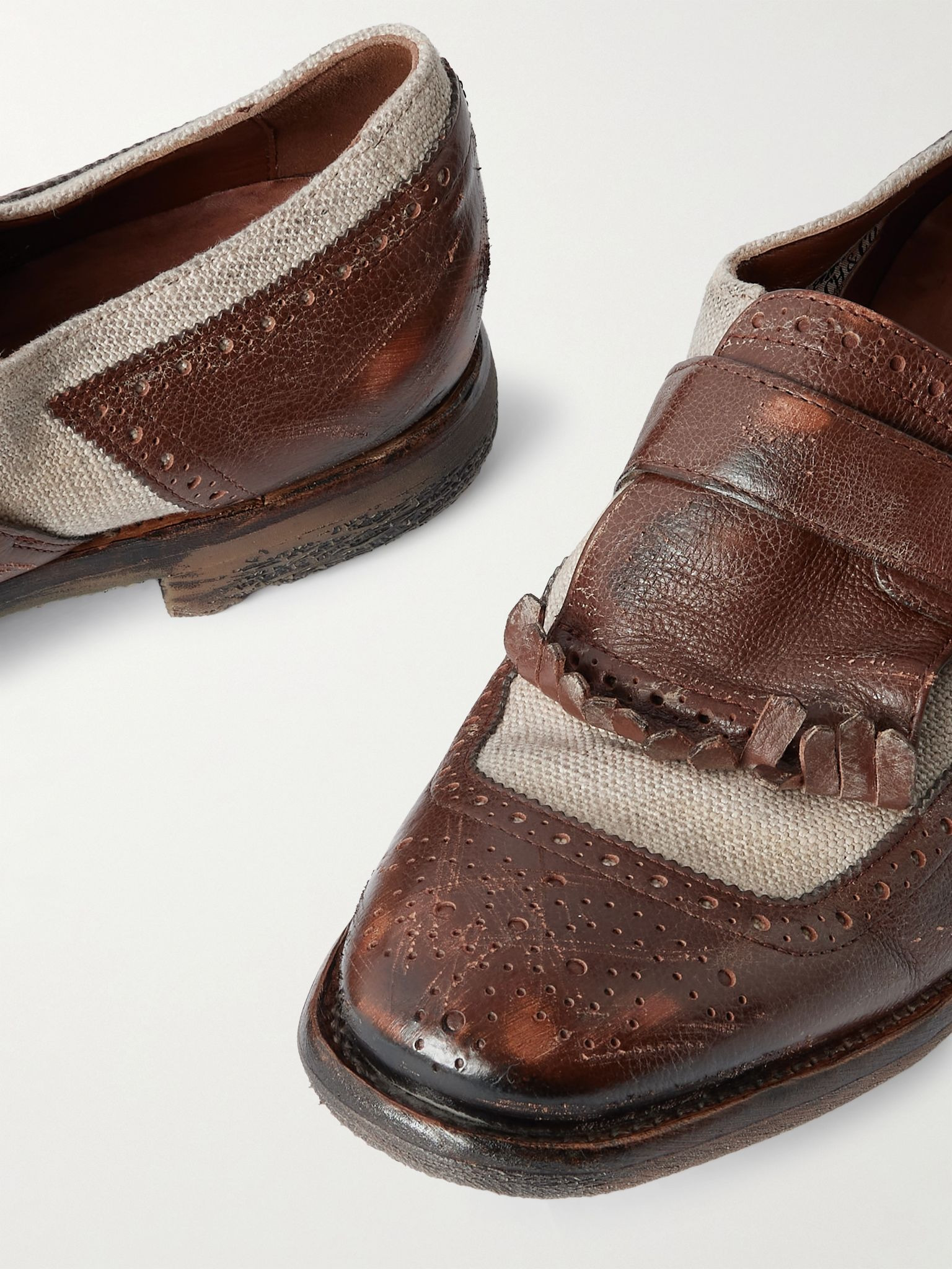 Shanghai distressed leather and canvas brogues Ecru - 4