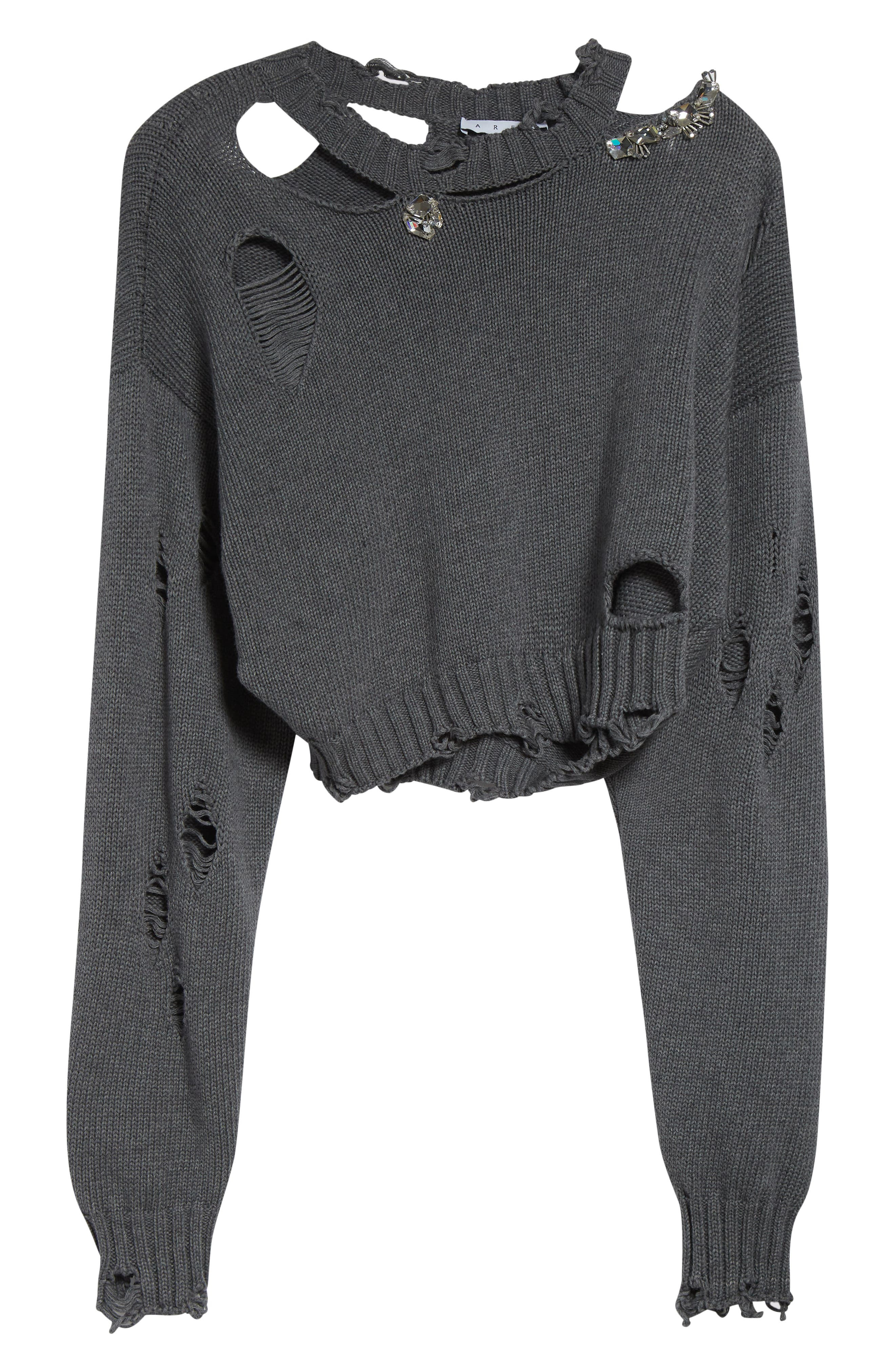 Area Distressed Crystal Organic Cotton & Cashmere Crewneck Sweater in Heathered Grey at Nordstrom - 4