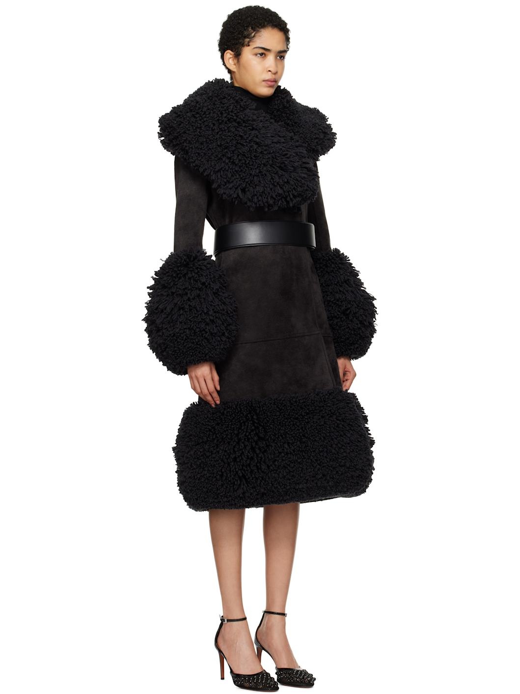Black Knitted Tailored Faux-Shearling Coat - 2